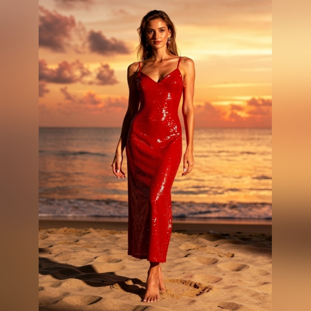 Orange Sequin Slip Maxi Dress